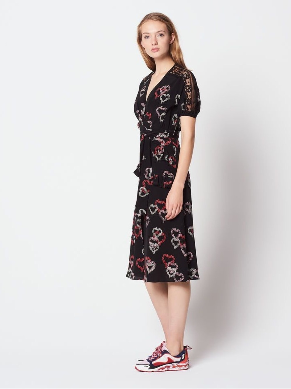 Sandro Silk Heart Print Lace Accent Wrap Dress France 40 US 8